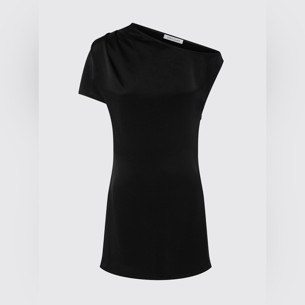 NWT ANNA QUAN ASYMMETRICAL OFF-SHOULDER SATIN MINI BLACK DRESS SIZE 4 - Picture 9 of 14